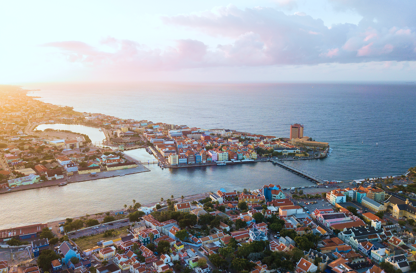 Aerial view of Willemstad, Curaçao — the Handelskade and Queen Emma bridge